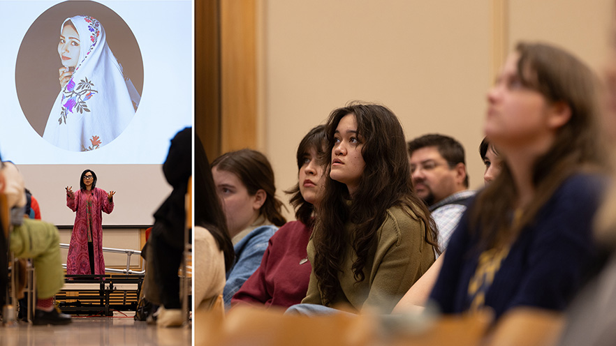 Fatimah Hossaini presenting as students listen attentively.