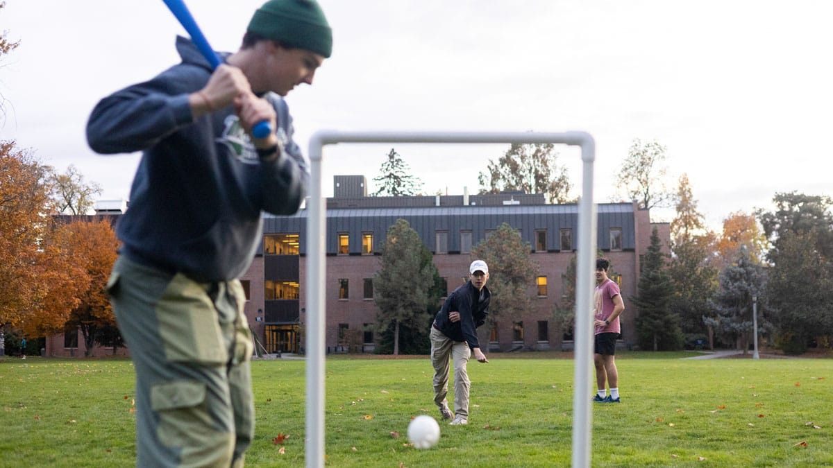 Whitman students play Wiffle ball on Ankeny Field during a November afternoon.