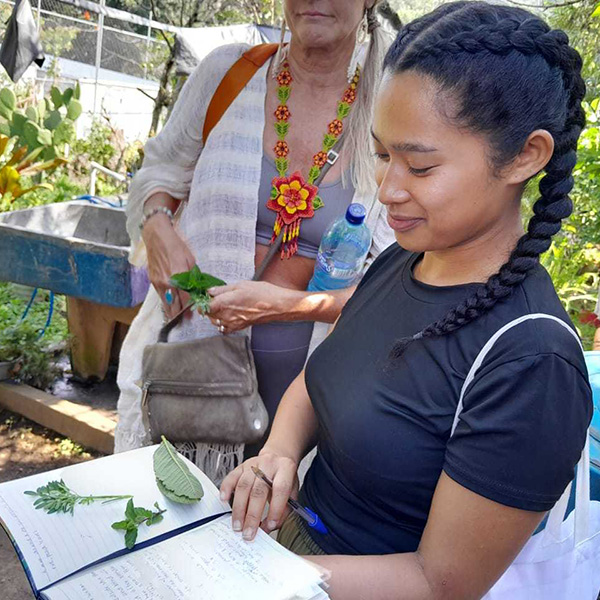 Katie Jose, a recipient of the Watson Fellowship, examining her herb notebook.