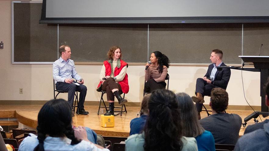 From left: Moderator David Sprunger ’97 and recent graduates Annie Means ’22, Katie Jose ’23 and Cameron Connor ’20 discussed their insights into the Watson Fellowship experience.