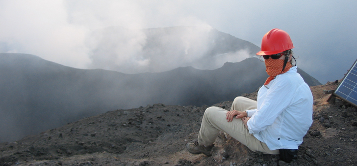 Heather Wright in front of volcano